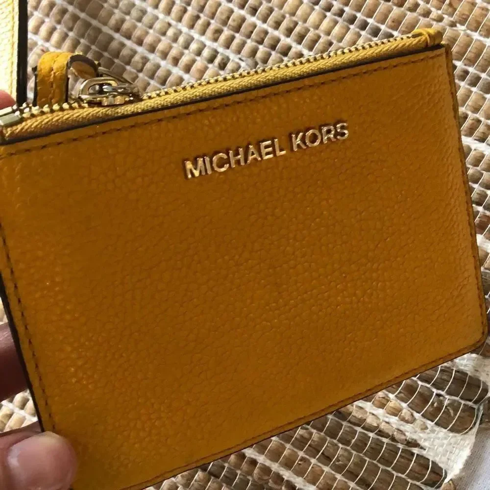 Michael Kors, mustard, pebbled, leather wristlet, credit card, keychain, wallet